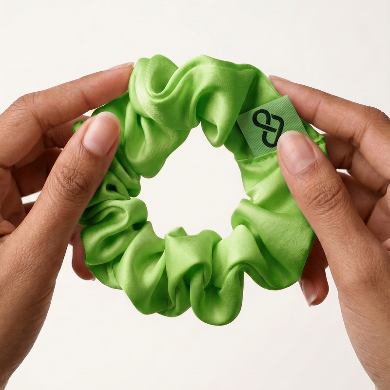 Green scrunchie held by hands against a white background